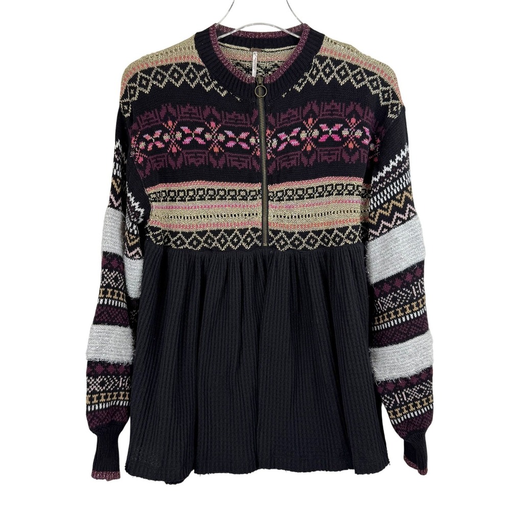 Free People Cozy Cottage Babydoll Fair Isle Metallic Zip Sweater Black XS - Picture 2 of 8